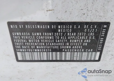 2021 Volkswagen Jetta 1.4T R-Line/1.4T S z USA, uszkodzony, nr VIN 3VWN57BU1MM038370